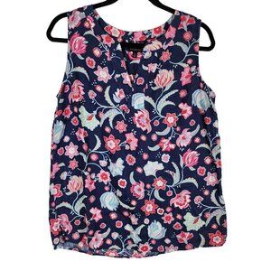 Talbots 100% Linen Sleeveless Top V-neck Paisley Floral Print‎ Navy Blue sz Md